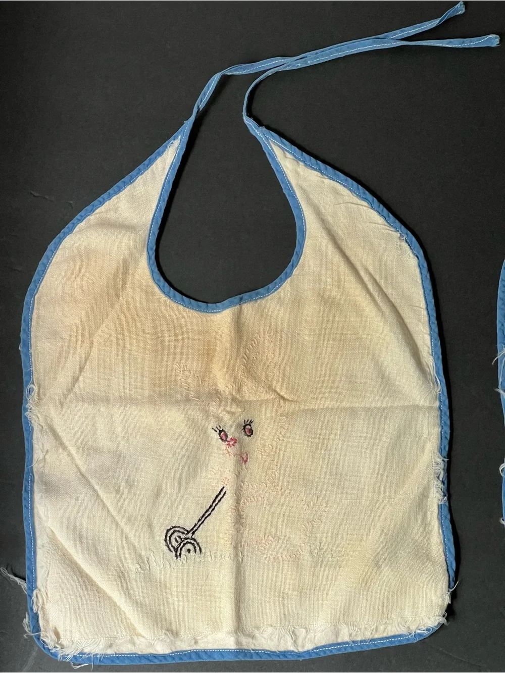 Vintage Cream Cotton Bibs with Blue Trim - Pair